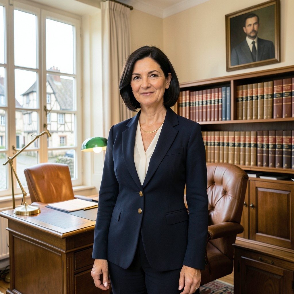Sophie Laurent, fondatrice du cabinet, dans son bureau à Évreux avec des ouvrages de droit du travail