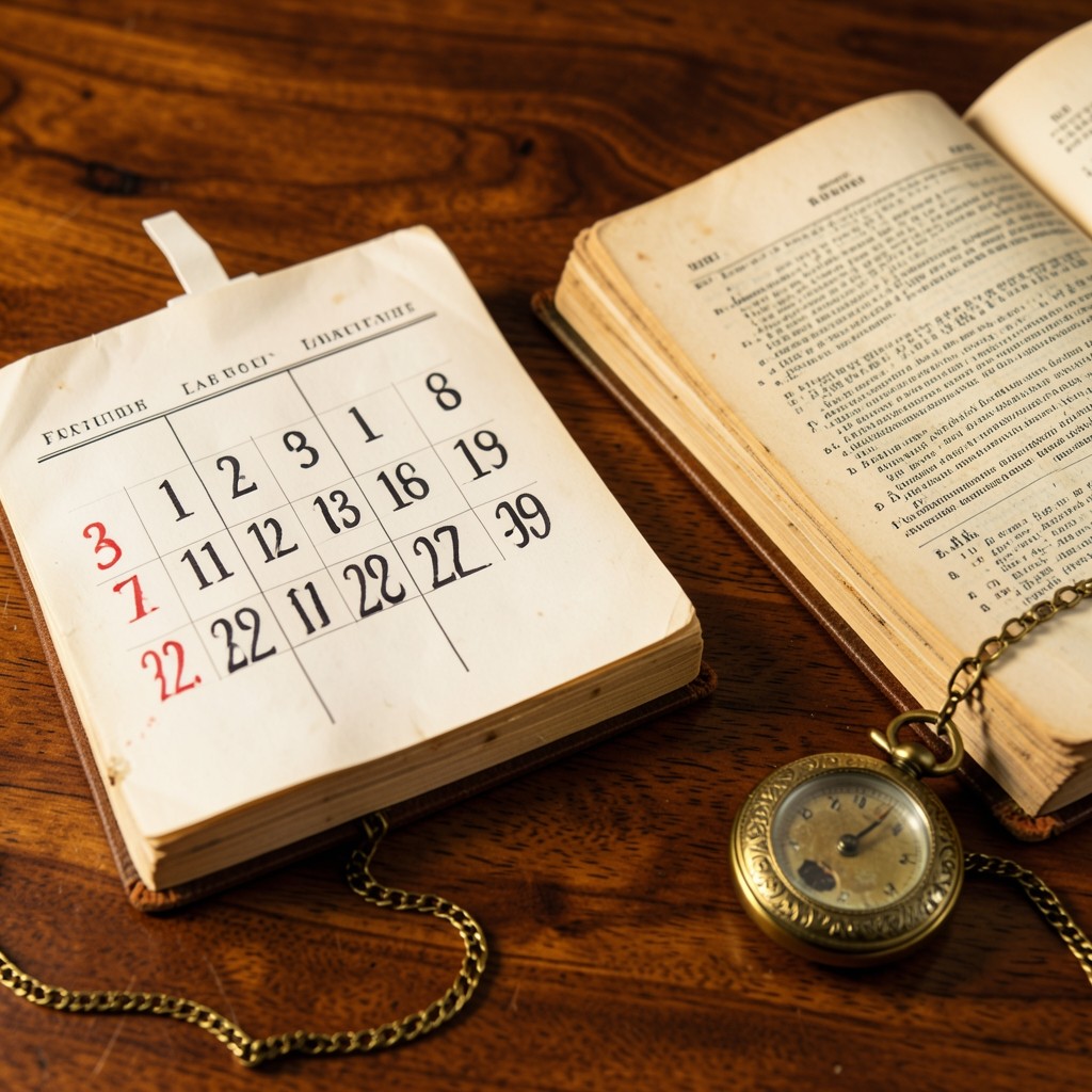 Calendrier et montre ancienne posés sur un code du travail ouvert
