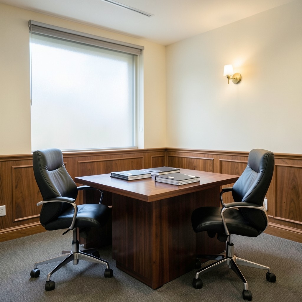 Salle de réunion sobre avec deux chaises face à face et dossiers classés