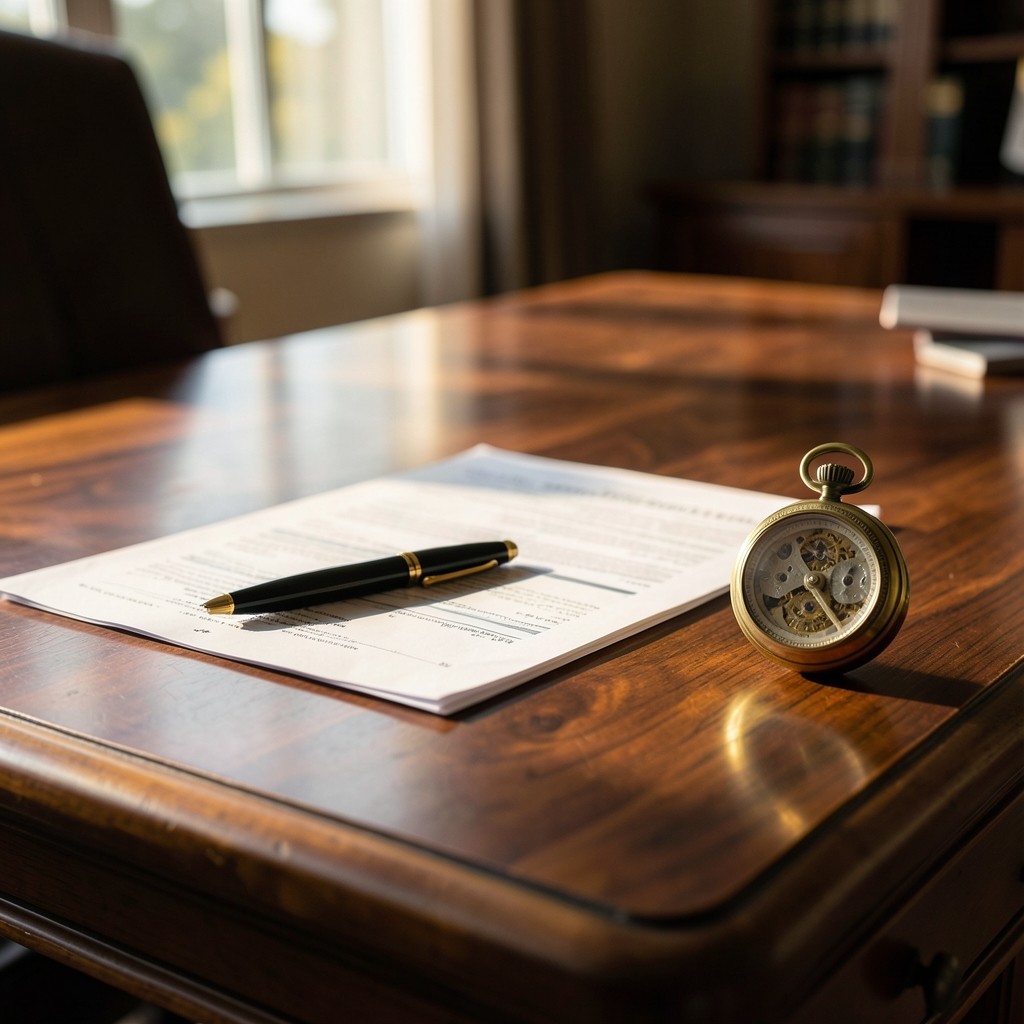 Bureau de consultation juridique avec documents de contrat de travail et horloge ancienne en laiton sur le bureau
