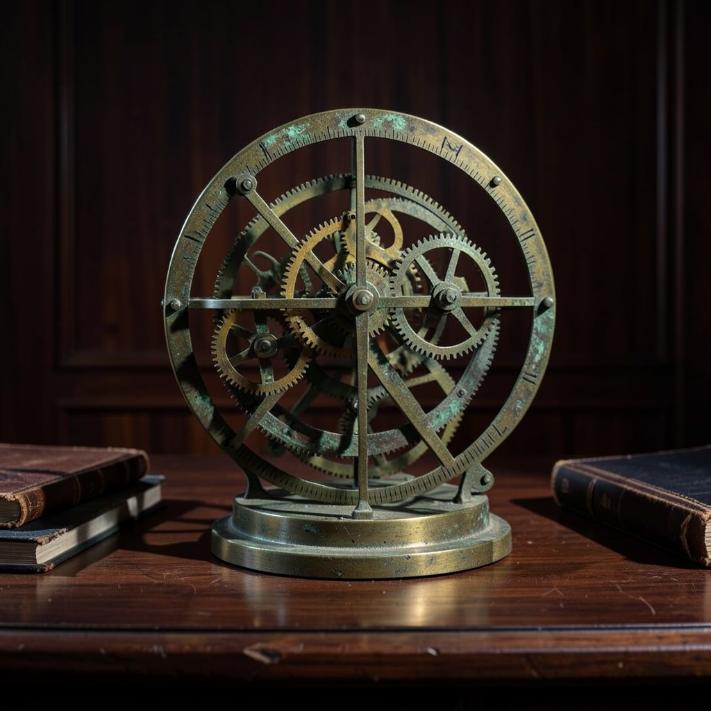 Schéma mécanique en laiton évoquant une chronologie précise, posé sur un bureau juridique