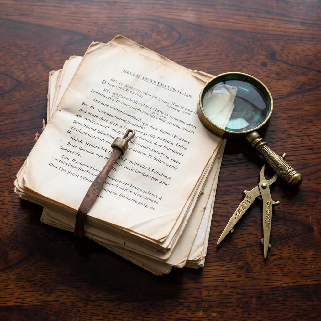 Documents juridiques empilés avec loupe et compas de precision en laiton sur une table