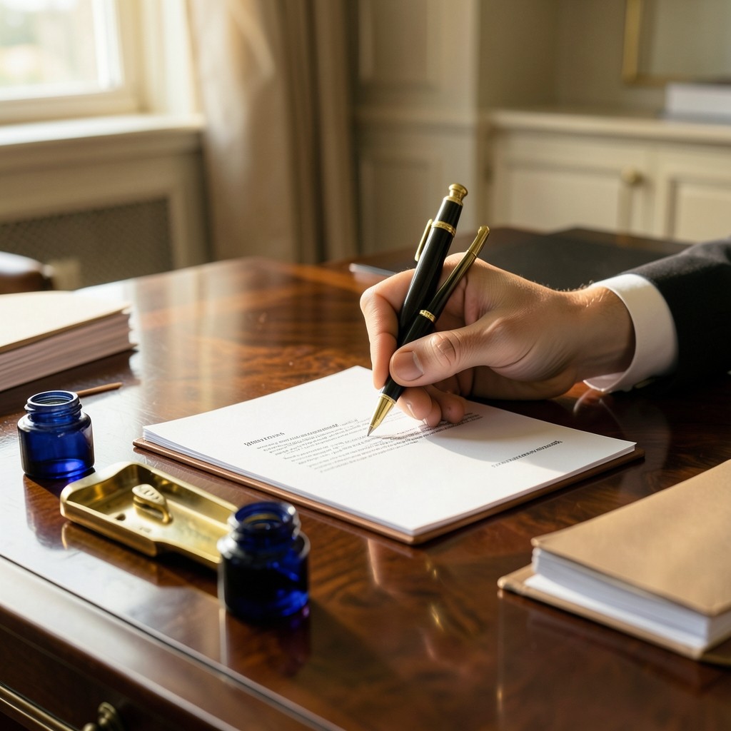 Main signant une lettre de confirmation de contrat sur un bureau avec tampon et stylo plume