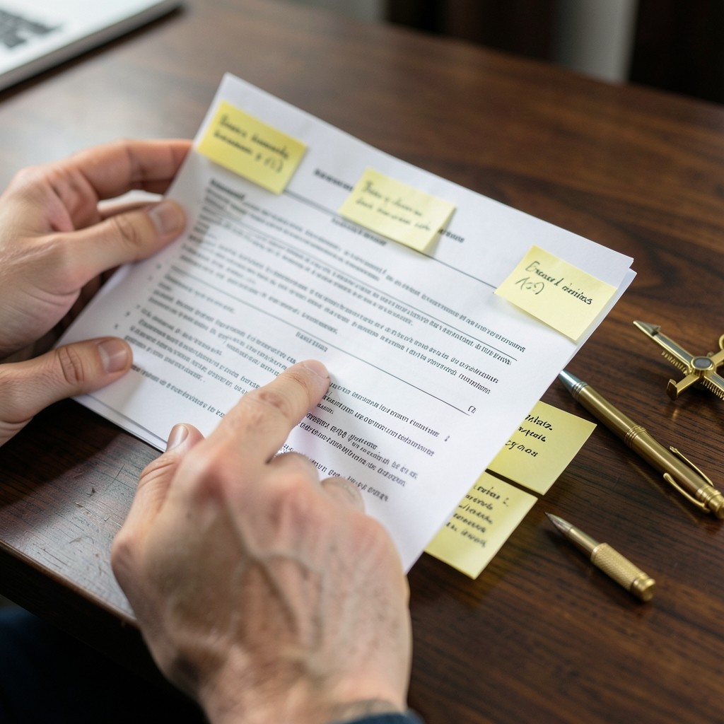 Consultante examinant un contrat de travail avec des annotations juridiques sur un bureau en bois sombre