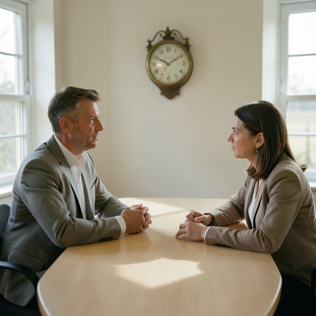 Deux personnes en entretien professionnel dans un bureau sobre avec horloge murale ancienne